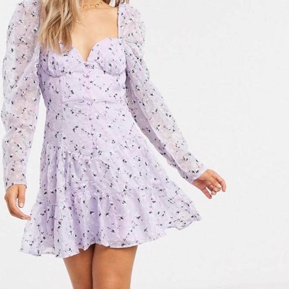 ASOS Purple Lilac‎ Embroidered Floral Puff Sleeve Bustier Tiered Dress